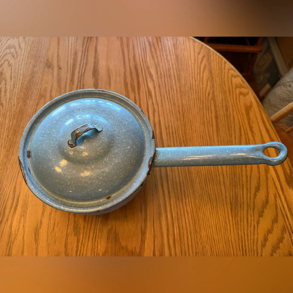 Vintage Blue Speckled Sauce Pan with Lid